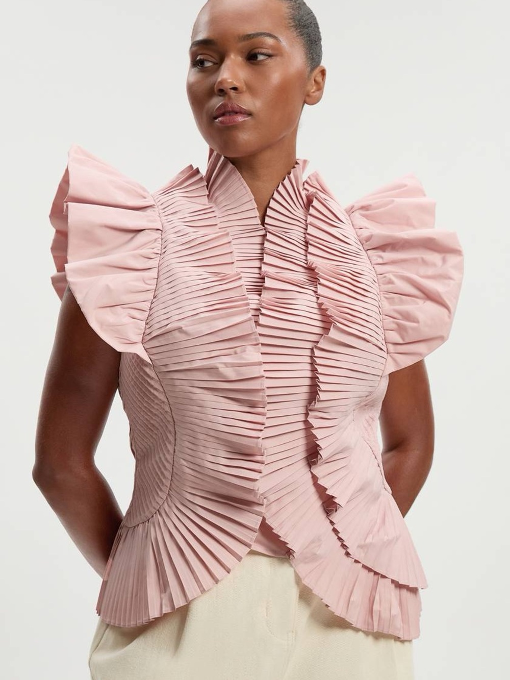 Karen Millen Pleated Ruffle Cap Sleeve Top - Blush Pink